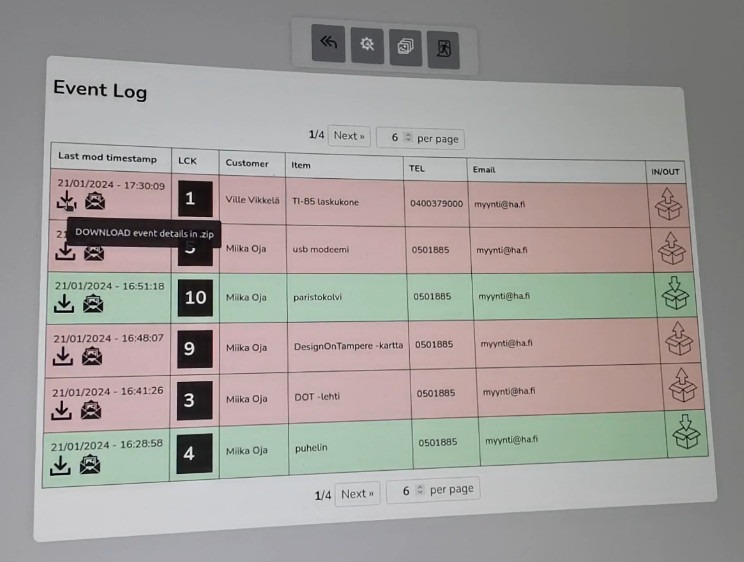 Noutolokerikon event log -käyttöliittymä