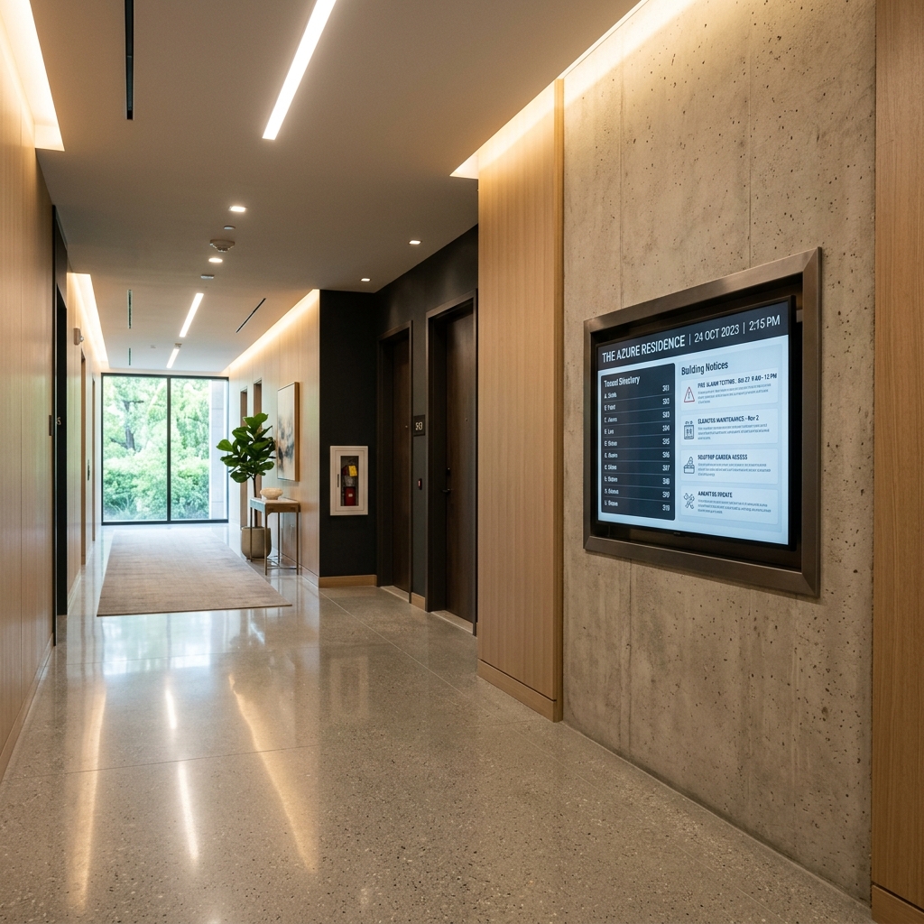 Rappukäytävänäyttö asukasluettelolla ja tiedotteilla