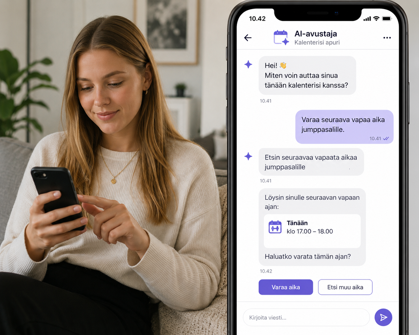 Tyttö varaa jumppasalin älypuhelimella AI-chatin kautta